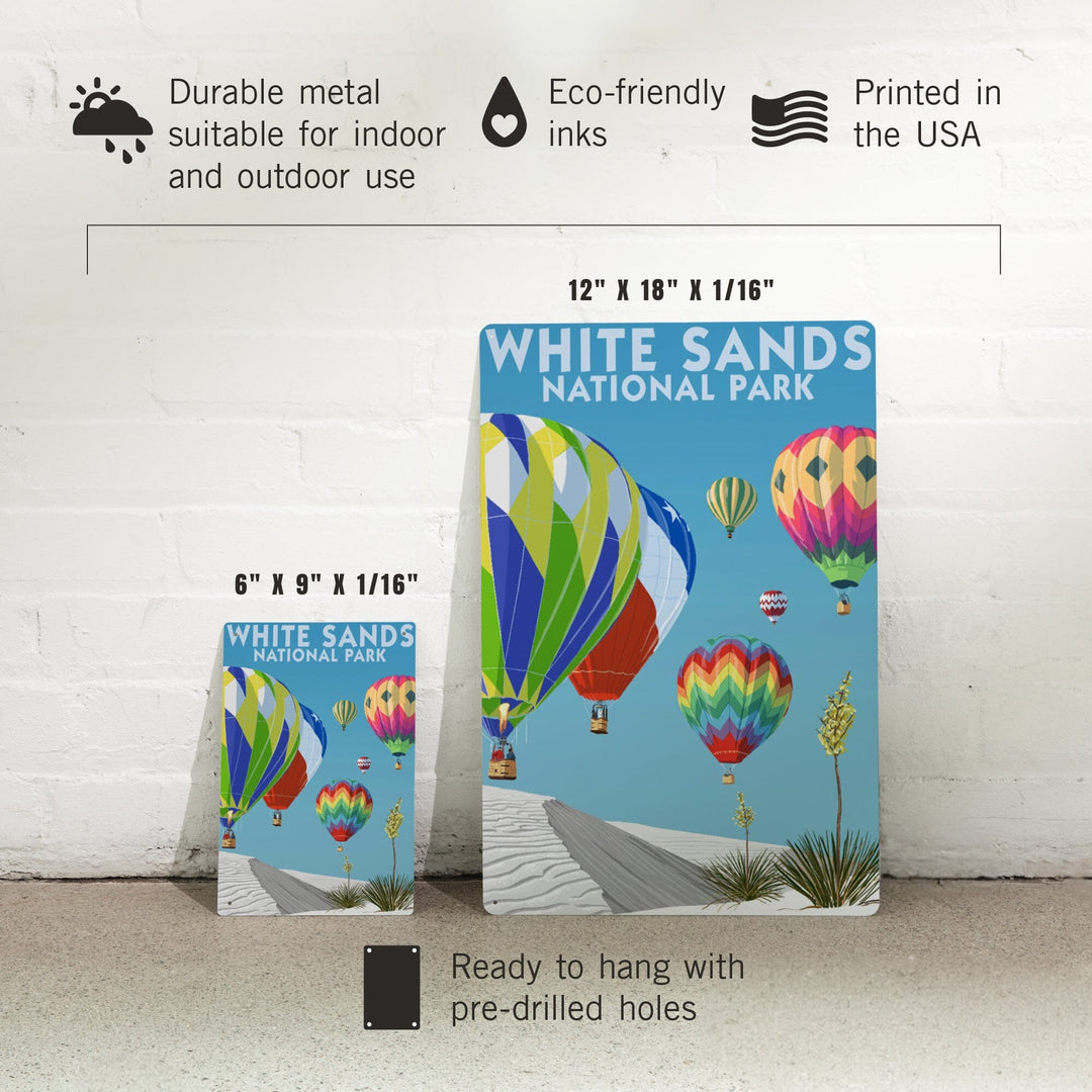 White Sands National Park, New Mexico, Hot Air Balloons, Metal Signs Metal Lantern Press 