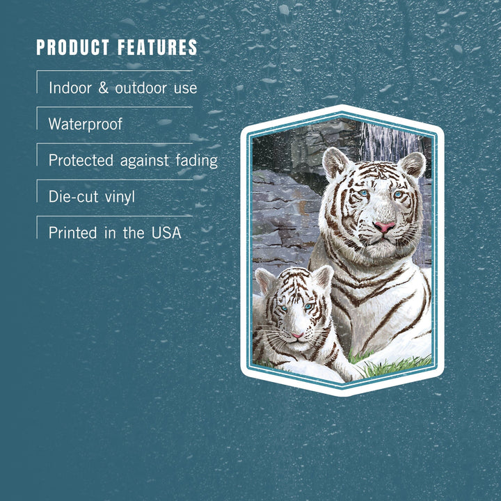 White Tigers, Contour, Vinyl Sticker Sticker Lantern Press 