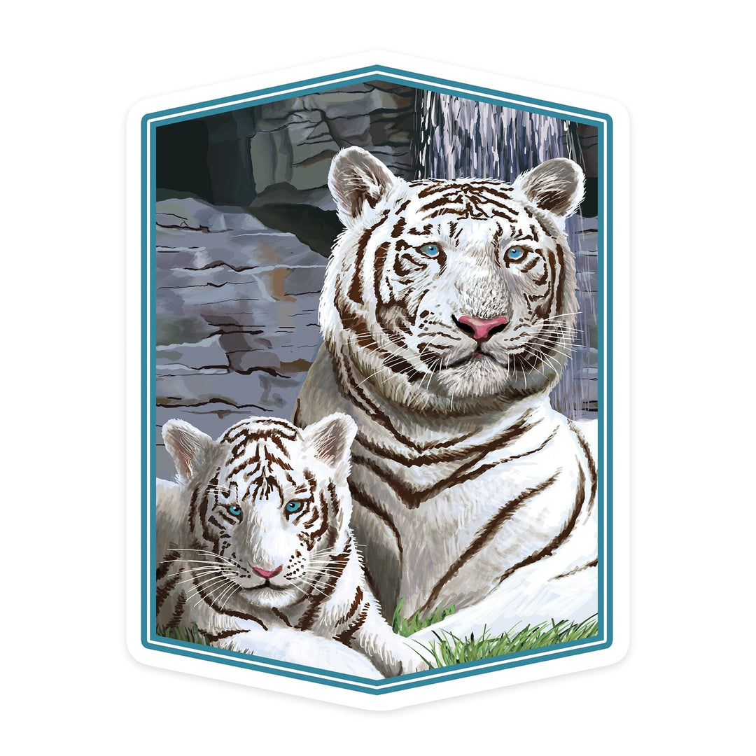 White Tigers, Contour, Vinyl Sticker Sticker Lantern Press 