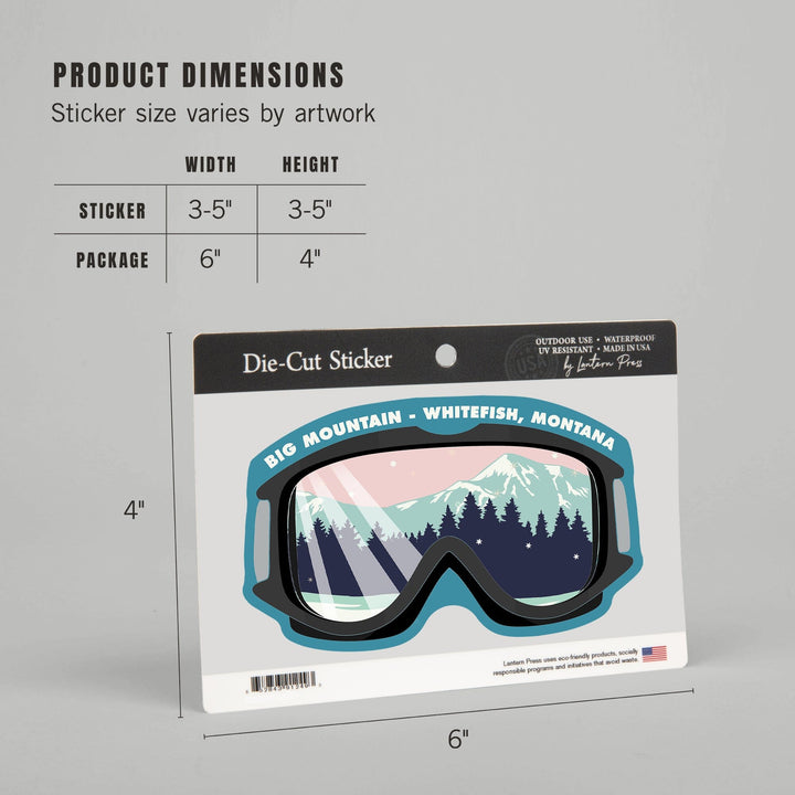 Whitefish, Montana, Big Mountain, Ski Goggles, Pink and Aqua, Contour, Vinyl Sticker Sticker Lantern Press 