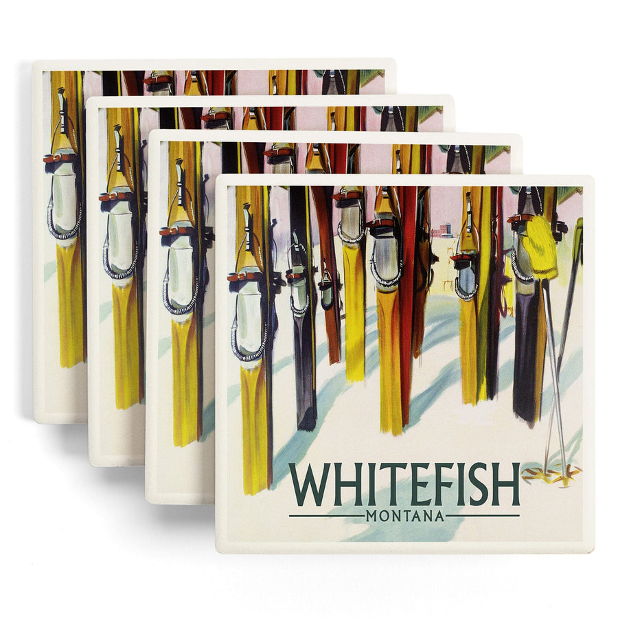 Whitefish, Montana, Colorful Skis, Lantern Press Artwork, Coaster Set Coasters Lantern Press 