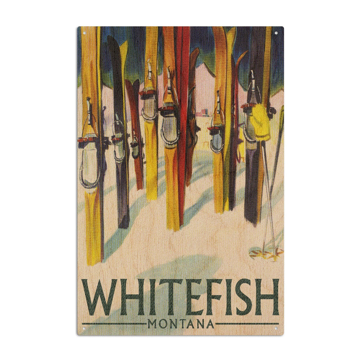 Whitefish, Montana, Colorful Skis, Lantern Press Artwork, Wood Signs and Postcards Wood Lantern Press 10 x 15 Wood Sign 