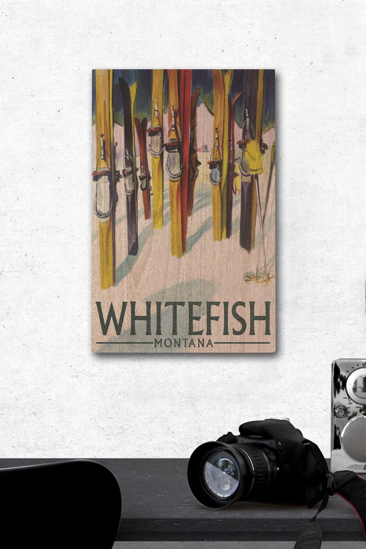 Whitefish, Montana, Colorful Skis, Lantern Press Artwork, Wood Signs and Postcards Wood Lantern Press 12 x 18 Wood Gallery Print 