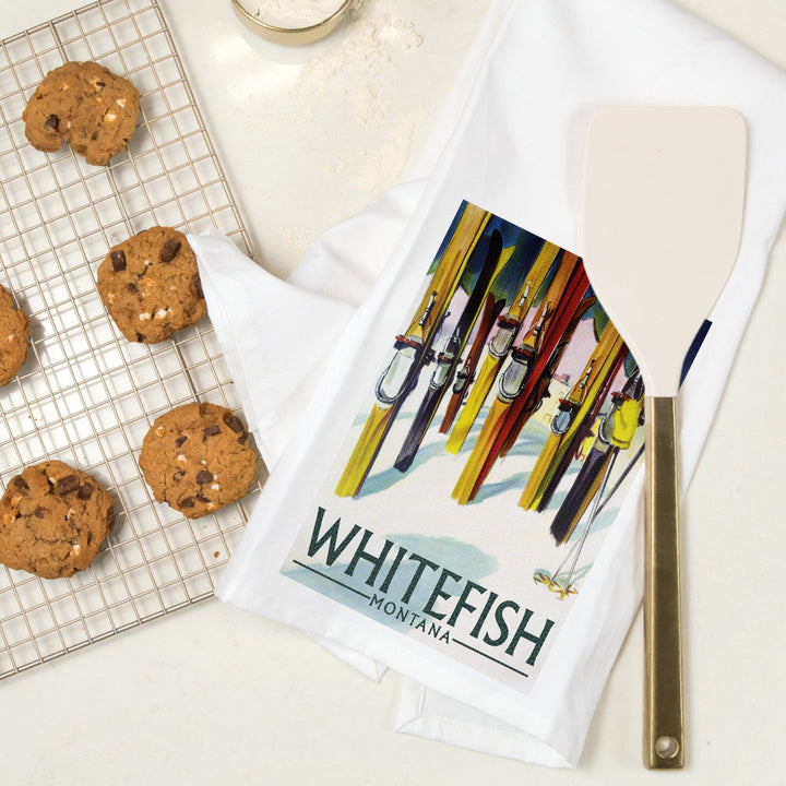 Whitefish, Montana, Colorful Skis, Organic Cotton Kitchen Tea Towels Kitchen Lantern Press 