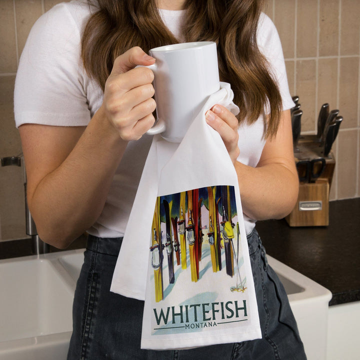 Whitefish, Montana, Colorful Skis, Organic Cotton Kitchen Tea Towels Kitchen Lantern Press 