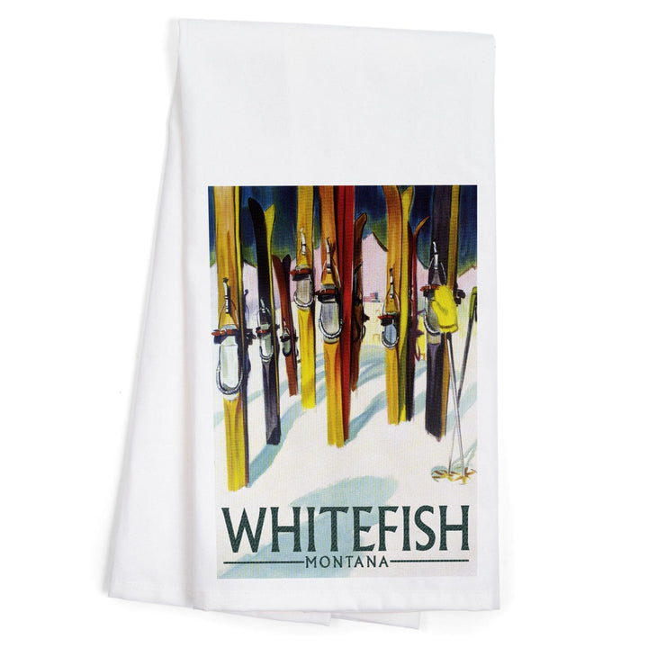 Whitefish, Montana, Colorful Skis, Organic Cotton Kitchen Tea Towels Kitchen Lantern Press 