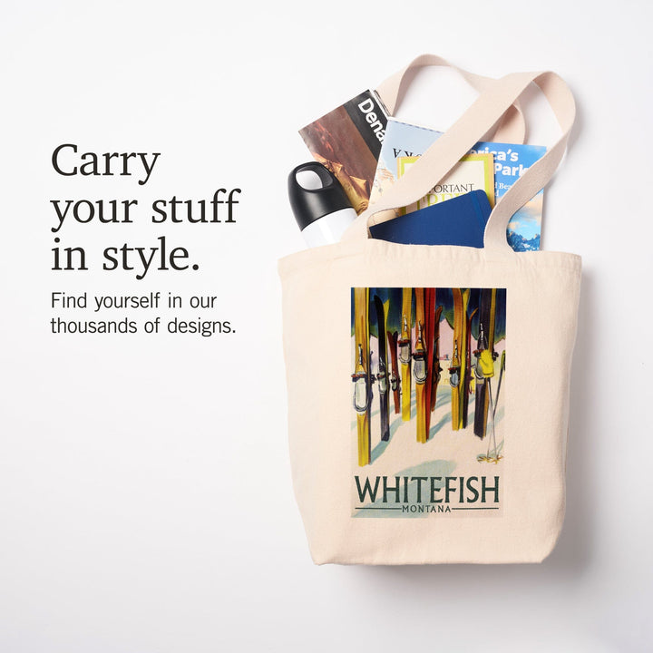 Whitefish, Montana, Colorful Skis, Tote Bag Totes Lantern Press 