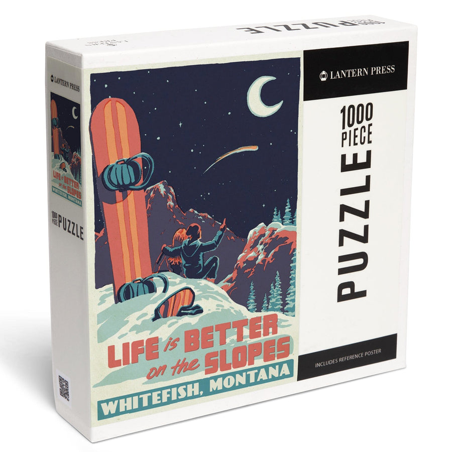 Whitefish, Montana, Life is Better on the Slopes, Woodblock, Jigsaw Puzzle Puzzle Lantern Press 