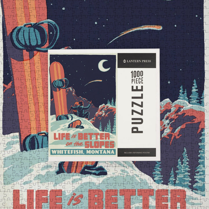 Whitefish, Montana, Life is Better on the Slopes, Woodblock, Jigsaw Puzzle Puzzle Lantern Press 