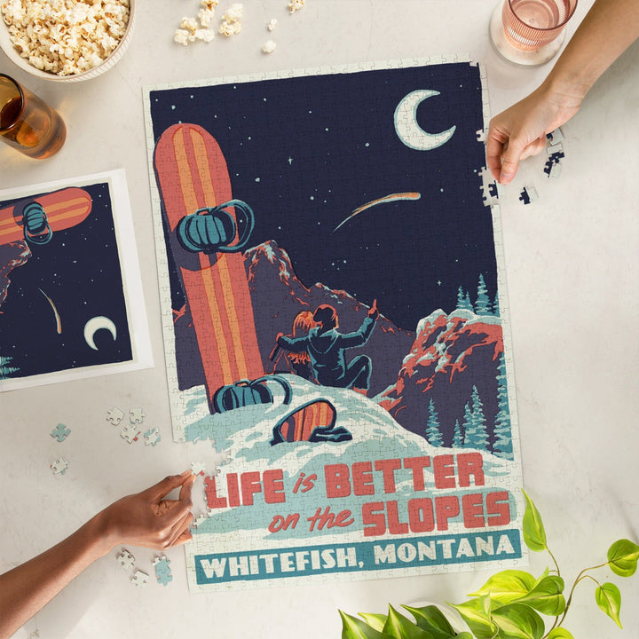 Whitefish, Montana, Life is Better on the Slopes, Woodblock, Jigsaw Puzzle Puzzle Lantern Press 