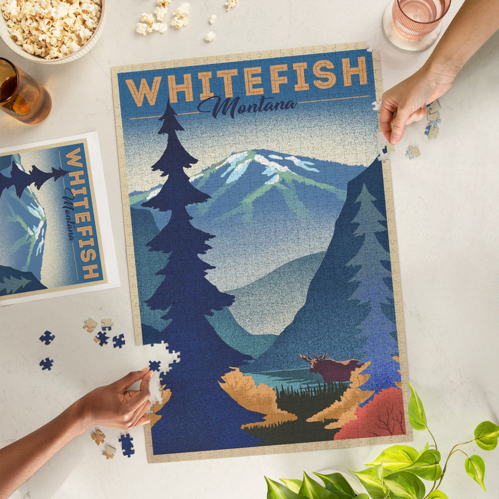 Whitefish, Montana, Moose and Mountain, Litho, Jigsaw Puzzle Puzzle Lantern Press 