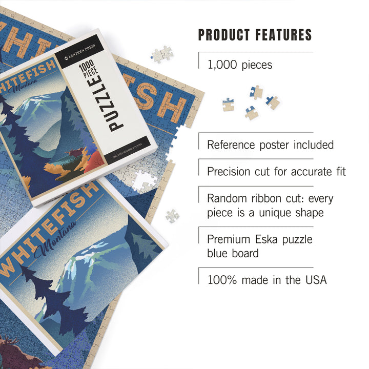 Whitefish, Montana, Moose and Mountain, Litho, Jigsaw Puzzle Puzzle Lantern Press 