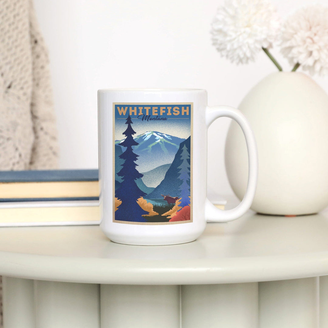 Whitefish, Montana, Moose & Mountain, Litho, Lantern Press Artwork, Ceramic Mug Mugs Lantern Press 