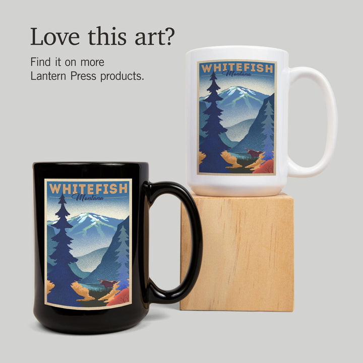 Whitefish, Montana, Moose & Mountain, Litho, Lantern Press Artwork, Ceramic Mug Mugs Lantern Press 