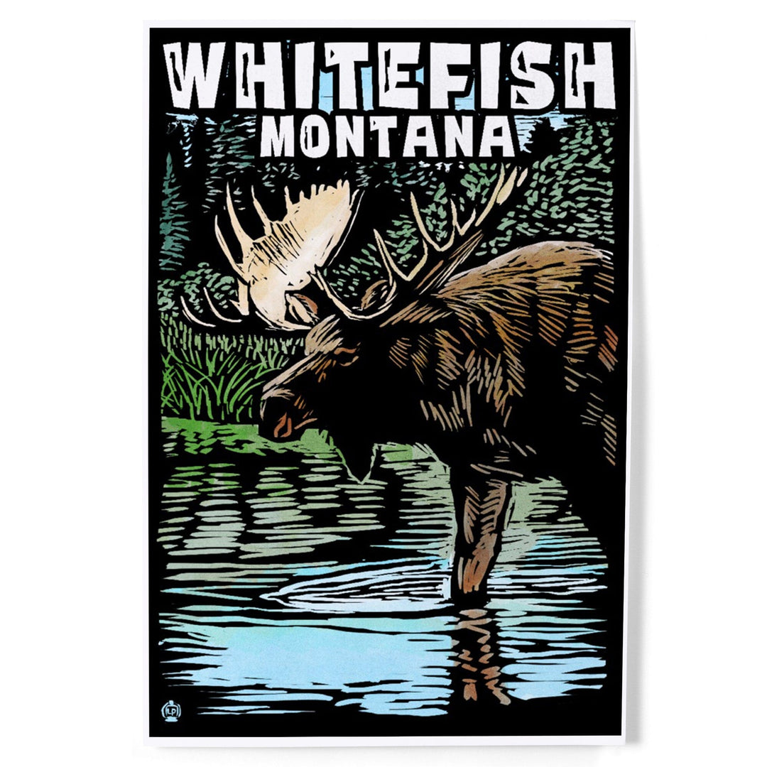 Whitefish, Montana, Moose, Scratchboard, Art & Giclee Prints Art Lantern Press 