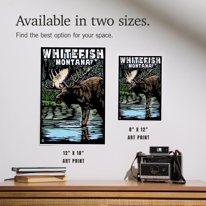 Whitefish, Montana, Moose, Scratchboard, Art & Giclee Prints Art Lantern Press 