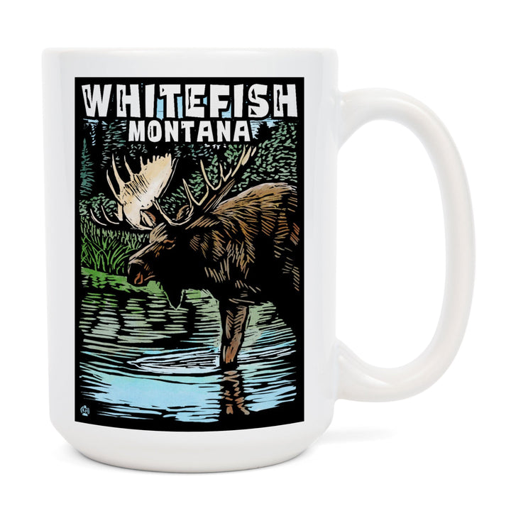 Whitefish, Montana, Moose, Scratchboard, Ceramic Mug Mugs Lantern Press 