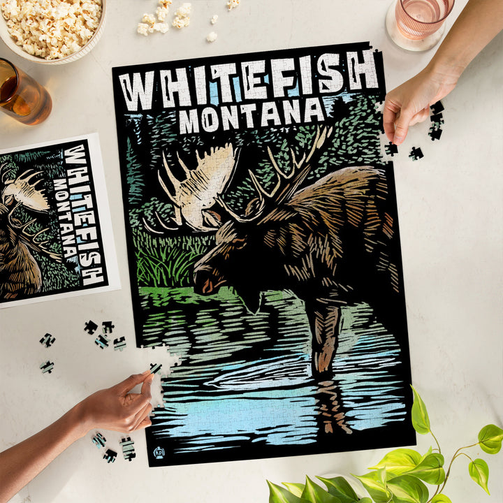 Whitefish, Montana, Moose, Scratchboard, Jigsaw Puzzle Puzzle Lantern Press 