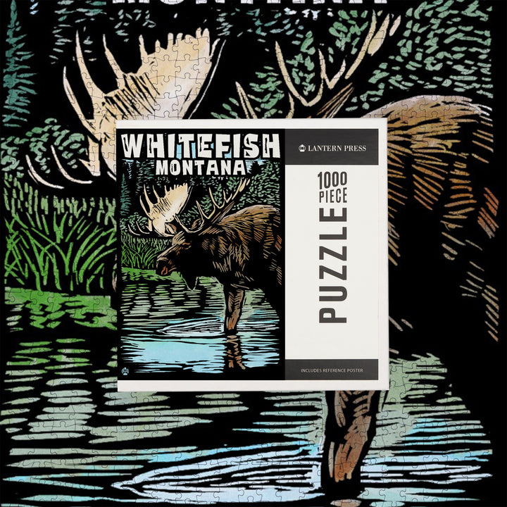 Whitefish, Montana, Moose, Scratchboard, Jigsaw Puzzle Puzzle Lantern Press 
