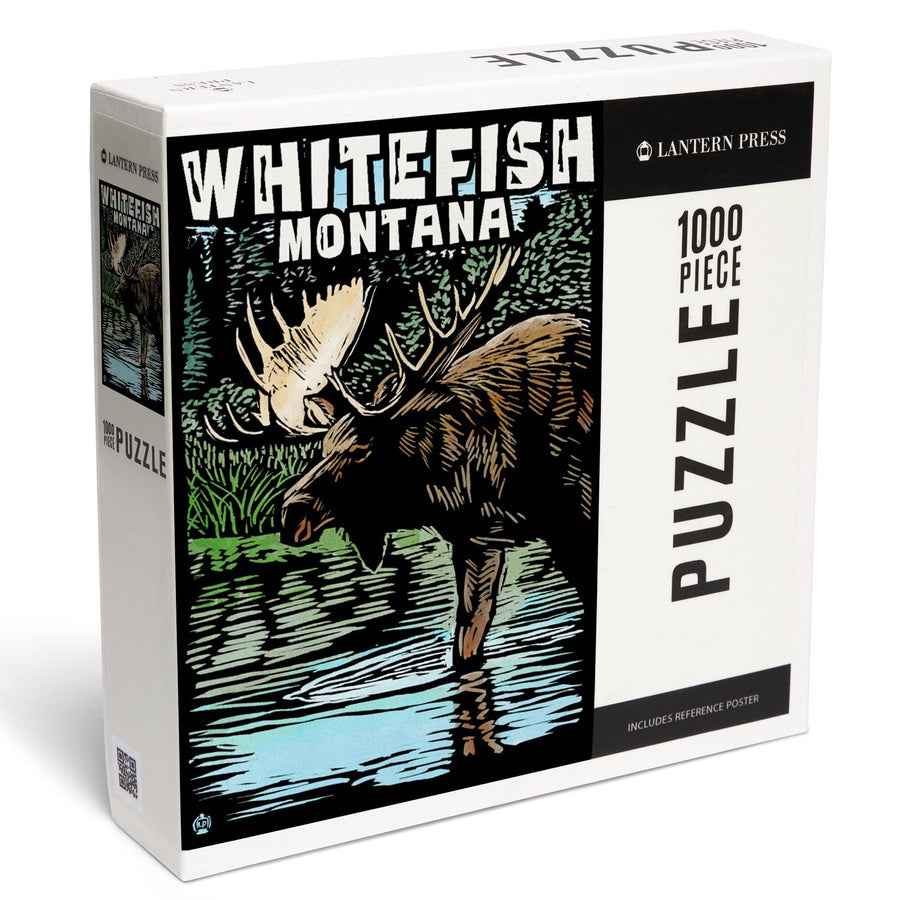 Whitefish, Montana, Moose, Scratchboard, Jigsaw Puzzle Puzzle Lantern Press 