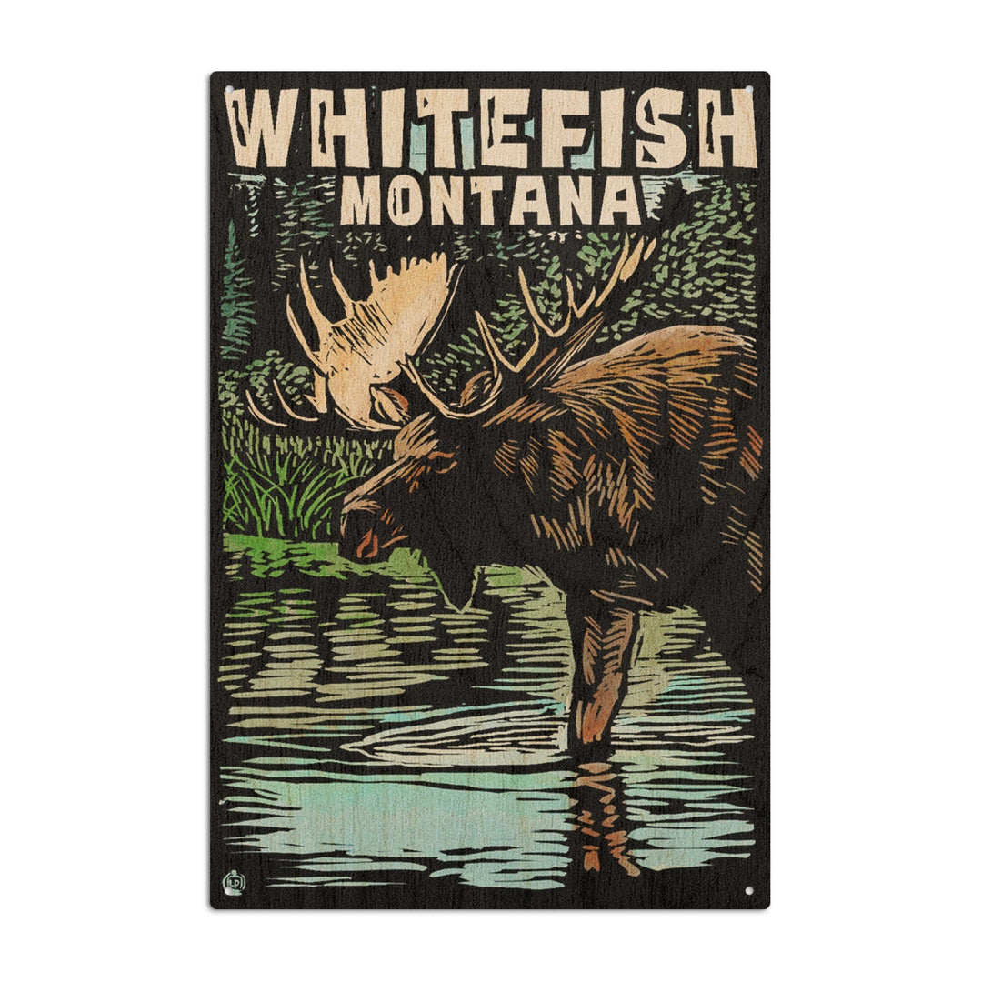 Whitefish, Montana, Moose, Scratchboard, Lantern Press Artwork, Wood Signs and Postcards Wood Lantern Press 10 x 15 Wood Sign 