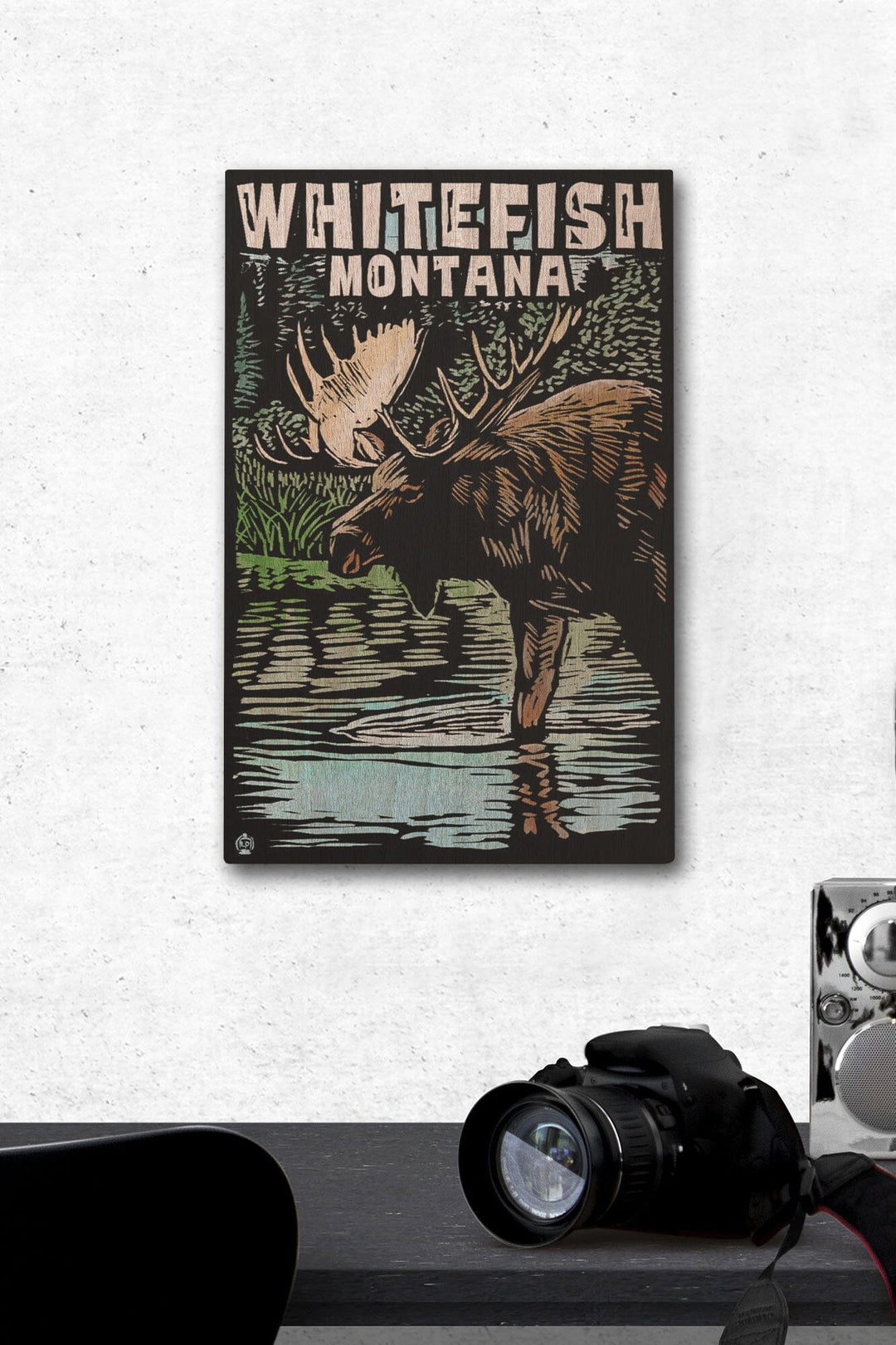 Whitefish, Montana, Moose, Scratchboard, Lantern Press Artwork, Wood Signs and Postcards Wood Lantern Press 12 x 18 Wood Gallery Print 
