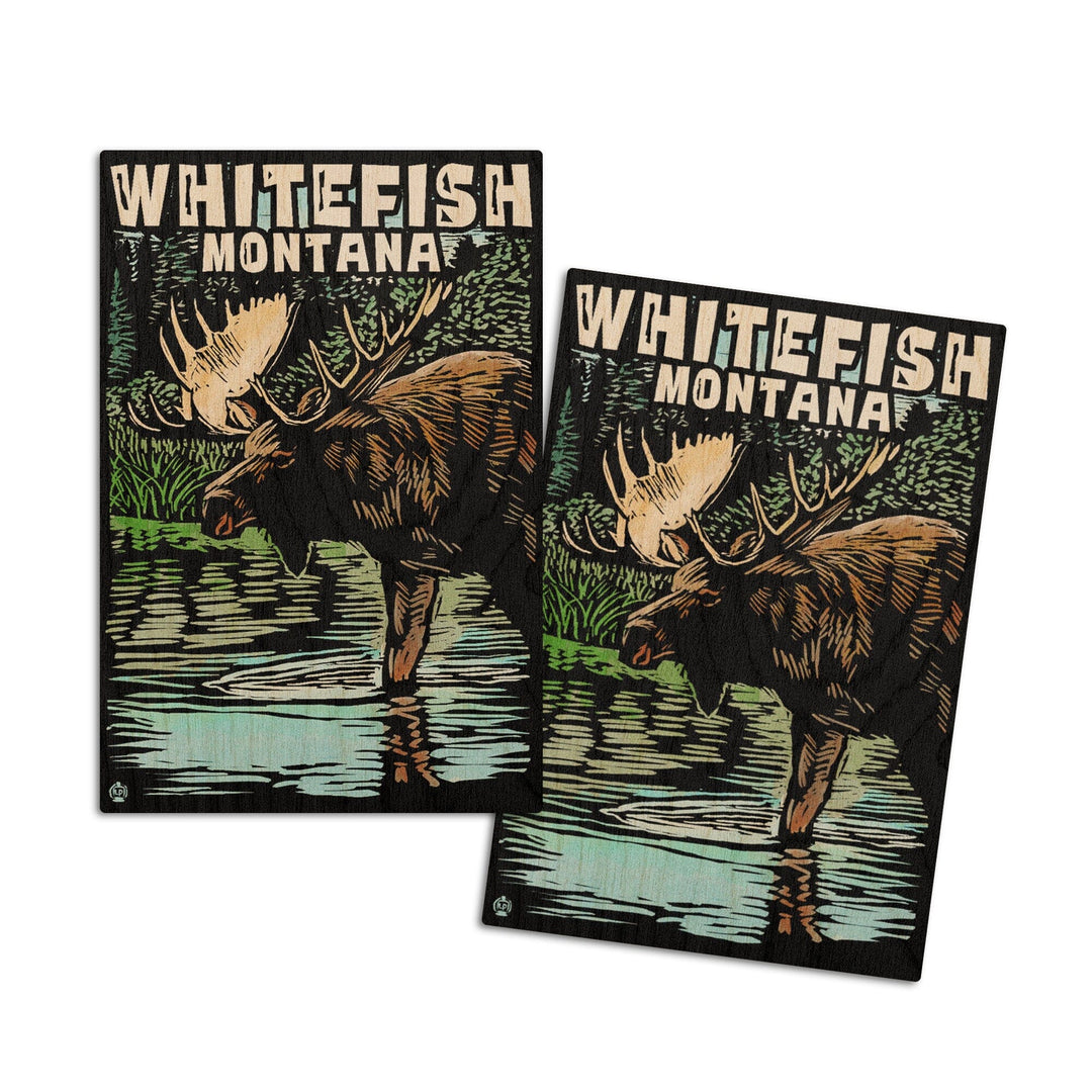 Whitefish, Montana, Moose, Scratchboard, Lantern Press Artwork, Wood Signs and Postcards Wood Lantern Press 4x6 Wood Postcard Set 