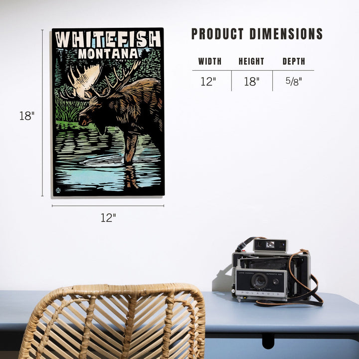 Whitefish, Montana, Moose, Scratchboard, Lantern Press Artwork, Wood Signs and Postcards Wood Lantern Press 
