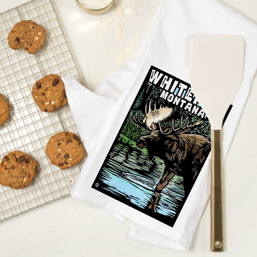 Whitefish, Montana, Moose, Scratchboard, Organic Cotton Kitchen Tea Towels Kitchen Lantern Press 