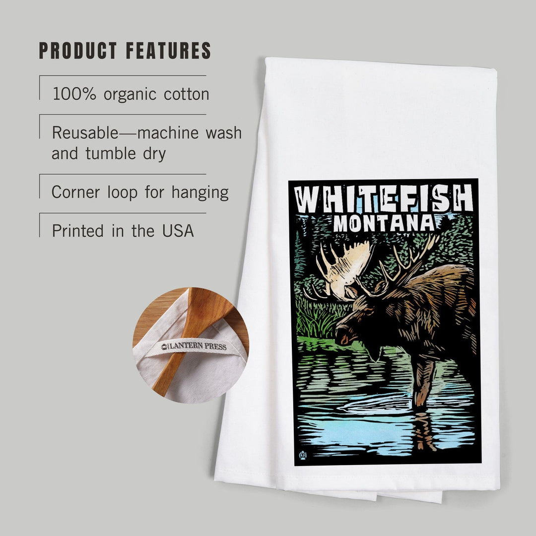 Whitefish, Montana, Moose, Scratchboard, Organic Cotton Kitchen Tea Towels Kitchen Lantern Press 