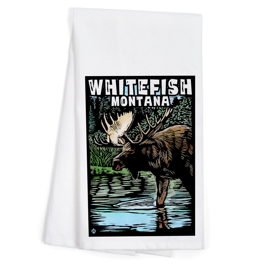 Whitefish, Montana, Moose, Scratchboard, Organic Cotton Kitchen Tea Towels Kitchen Lantern Press 