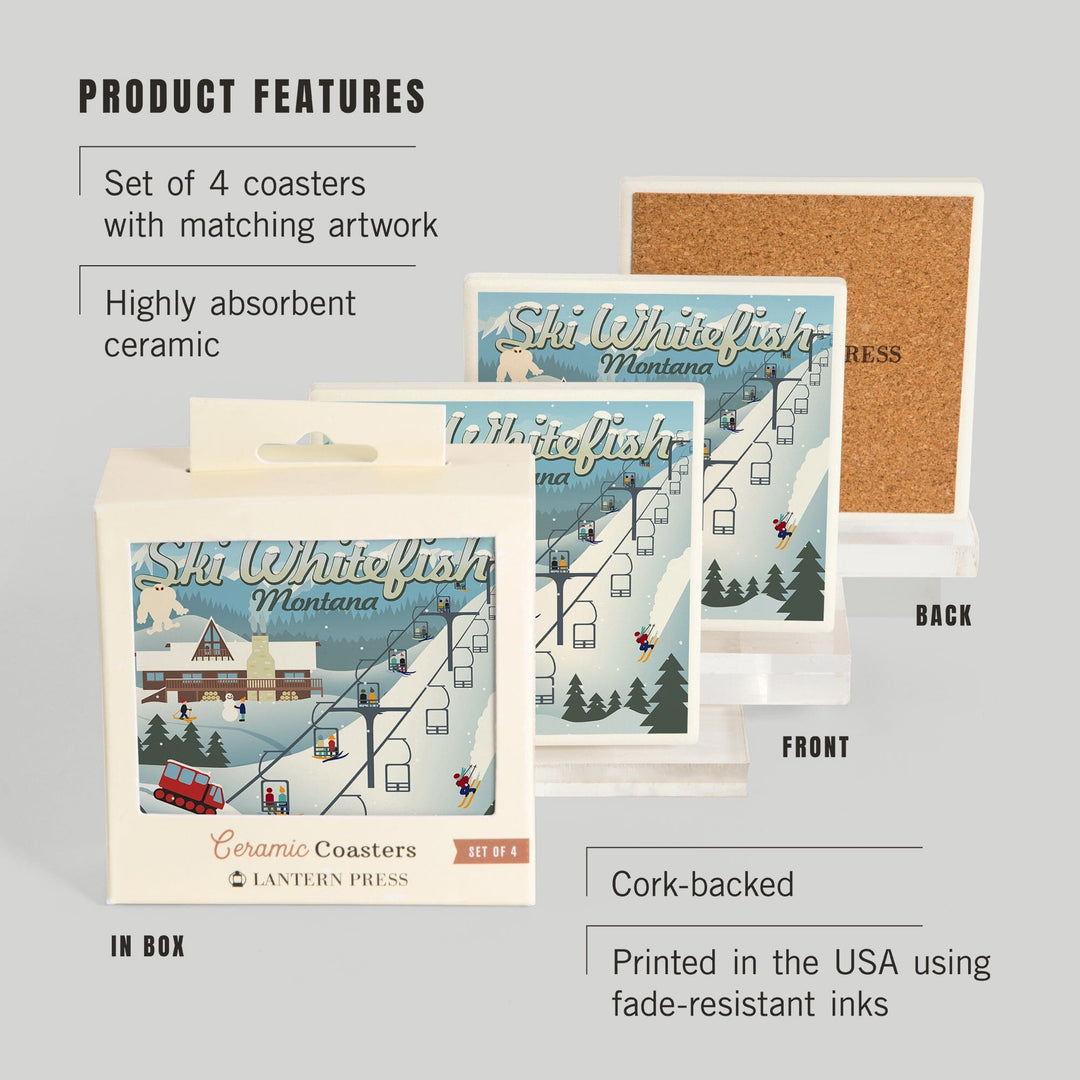 Whitefish, Montana, Retro Ski Resort, Coaster Set Coasters Lantern Press 