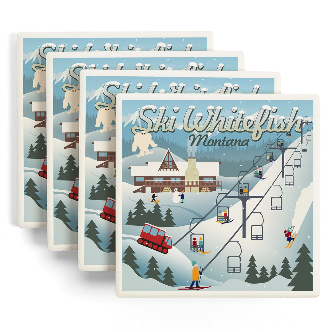 Whitefish, Montana, Retro Ski Resort, Coaster Set Coasters Lantern Press 