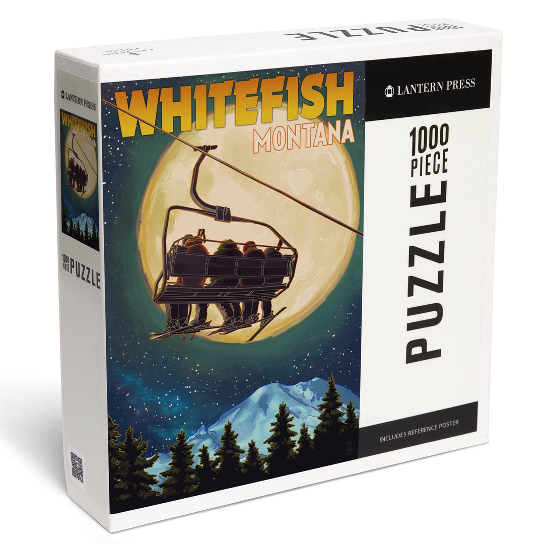Whitefish, Montana, Ski Lift and Full Moon, Jigsaw Puzzle Puzzle Lantern Press 