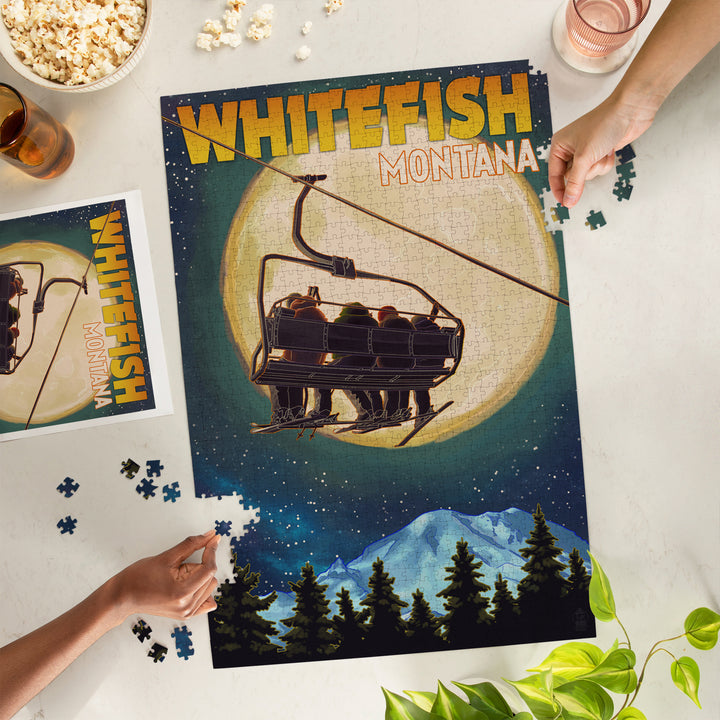 Whitefish, Montana, Ski Lift and Full Moon, Jigsaw Puzzle Puzzle Lantern Press 