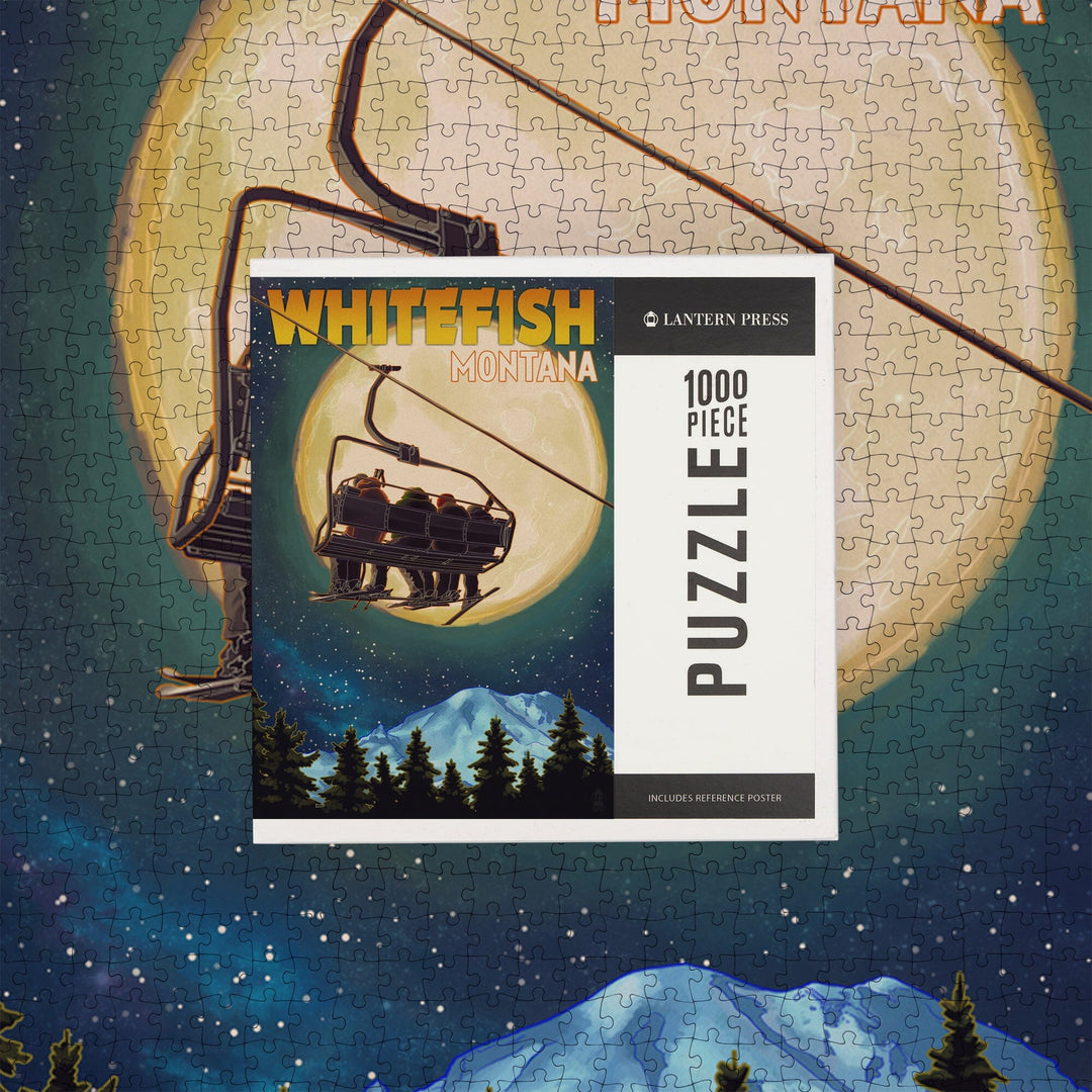 Whitefish, Montana, Ski Lift and Full Moon, Jigsaw Puzzle Puzzle Lantern Press 