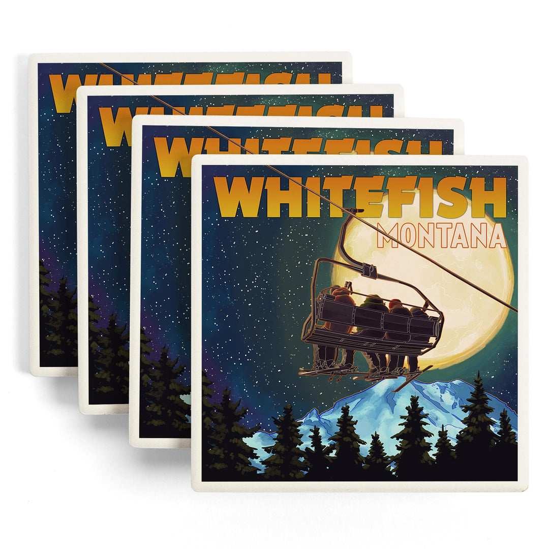 Whitefish, Montana, Ski Lift and Full Moon, Lantern Press Artwork, Coaster Set Coasters Lantern Press 