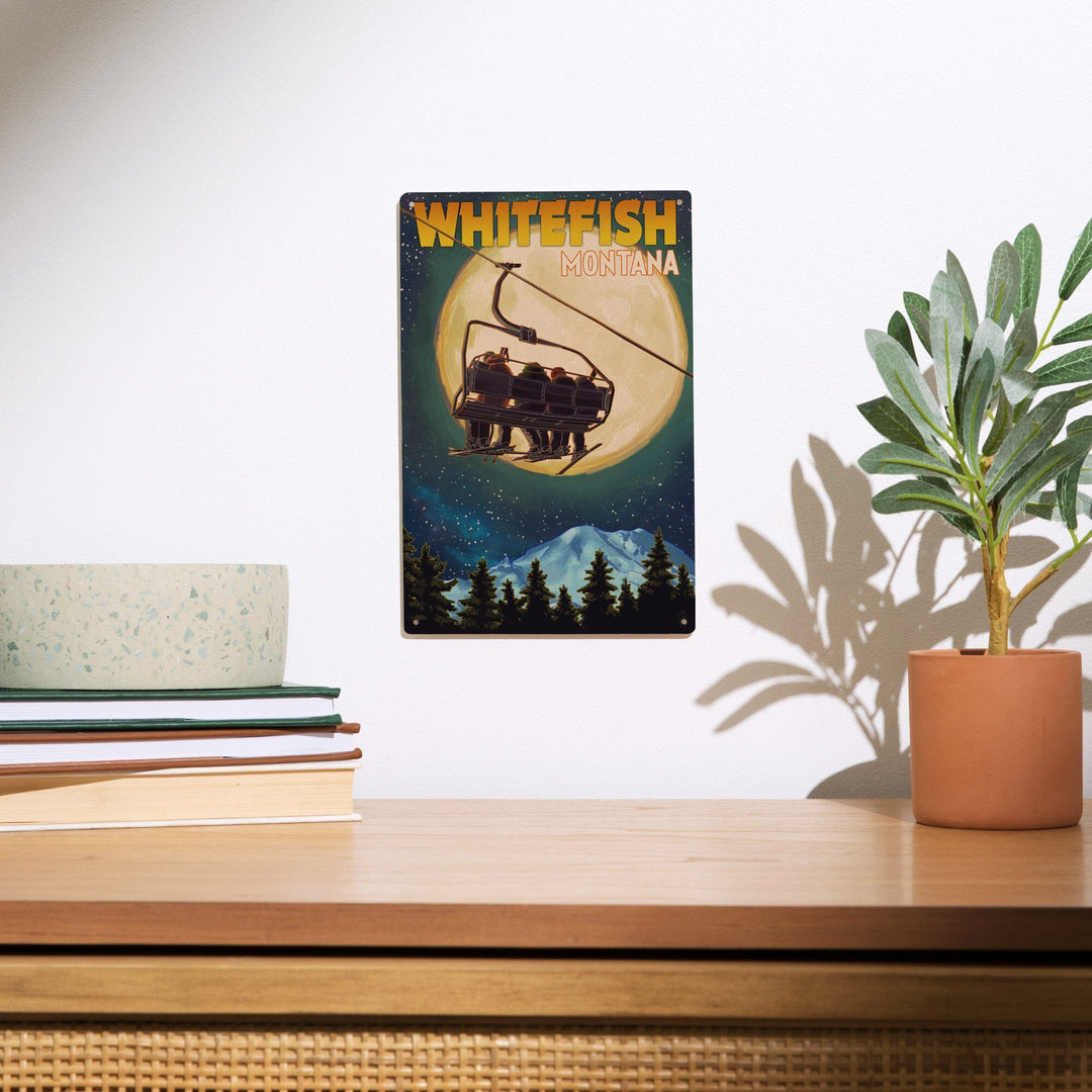 Whitefish, Montana, Ski Lift and Full Moon, Lantern Press Artwork, Wood Signs and Postcards Wood Lantern Press 