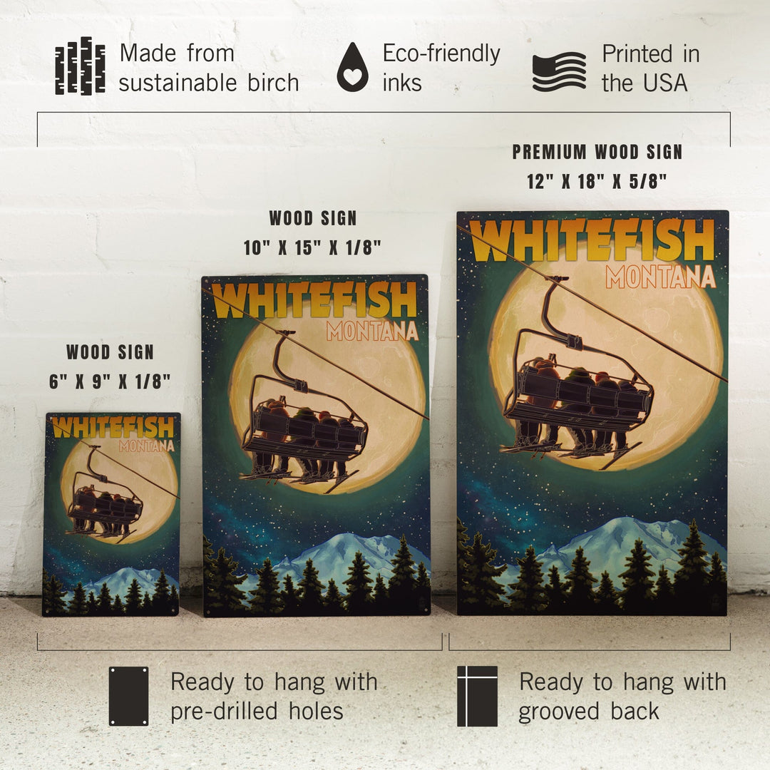 Whitefish, Montana, Ski Lift and Full Moon, Lantern Press Artwork, Wood Signs and Postcards Wood Lantern Press 