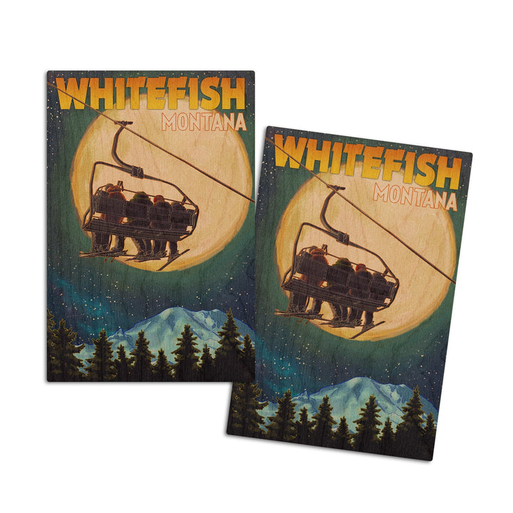 Whitefish, Montana, Ski Lift and Full Moon, Lantern Press Artwork, Wood Signs and Postcards Wood Lantern Press 4x6 Wood Postcard Set 