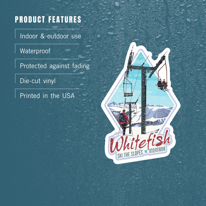 Whitefish, Montana, Ski Lift Day Scene, Contour, Vinyl Sticker Sticker Lantern Press 