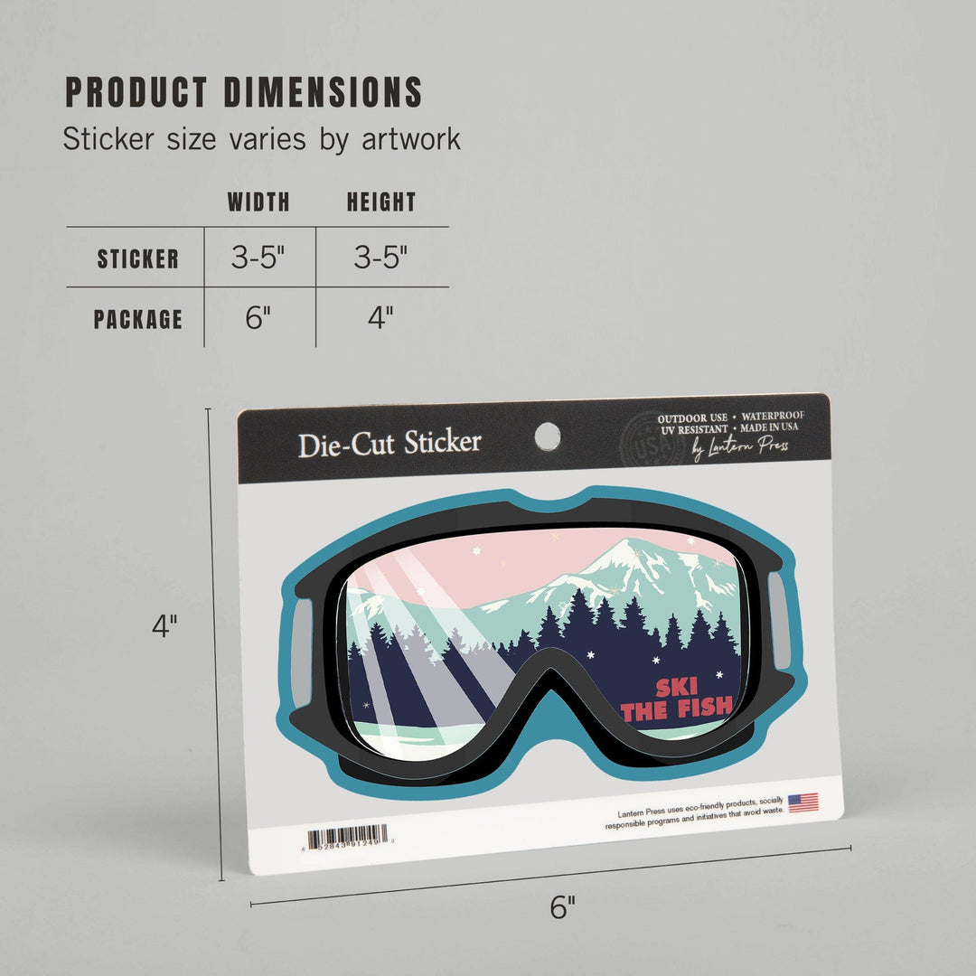 Whitefish, Montana, Ski The Fish, Ski Goggles, PInk and Aqua, Contour, Vinyl Sticker Sticker Lantern Press 