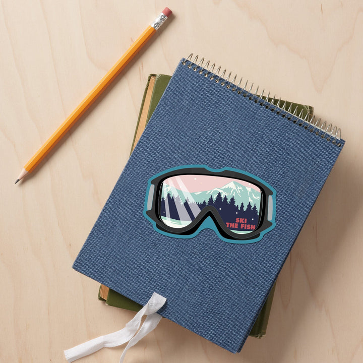 Whitefish, Montana, Ski The Fish, Ski Goggles, PInk and Aqua, Contour, Vinyl Sticker Sticker Lantern Press 