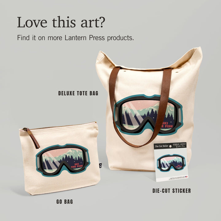 Whitefish, Montana, Ski The Fish, Ski Goggles, PInk and Aqua, Contour, Vinyl Sticker Sticker Lantern Press 