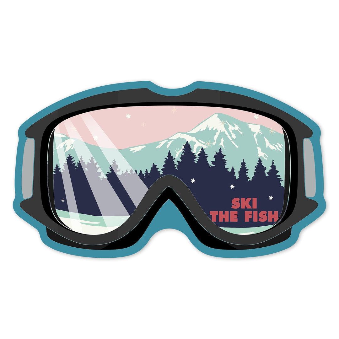 Whitefish, Montana, Ski The Fish, Ski Goggles, PInk and Aqua, Contour, Vinyl Sticker Sticker Lantern Press 