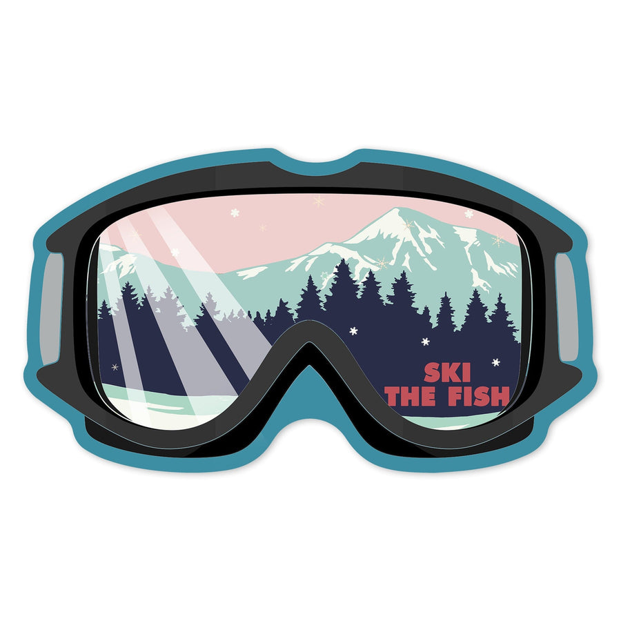 Whitefish, Montana, Ski The Fish, Ski Goggles, PInk and Aqua, Contour, Vinyl Sticker Sticker Lantern Press 