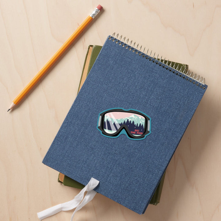 Whitefish, Montana, Ski The Fish, Ski Goggles, PInk and Aqua, Contour, Vinyl Sticker Sticker Lantern Press 