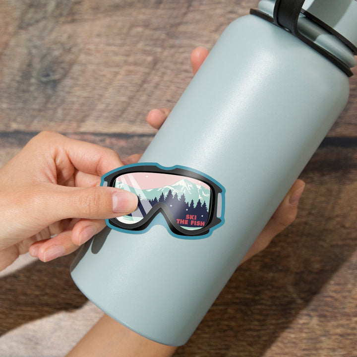 Whitefish, Montana, Ski The Fish, Ski Goggles, PInk and Aqua, Contour, Vinyl Sticker Sticker Lantern Press 