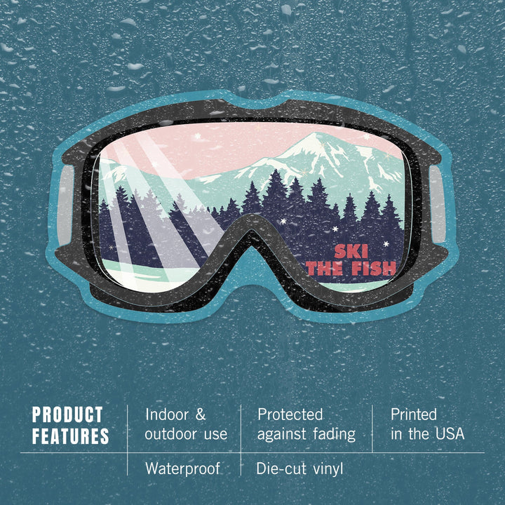Whitefish, Montana, Ski The Fish, Ski Goggles, PInk and Aqua, Contour, Vinyl Sticker Sticker Lantern Press 