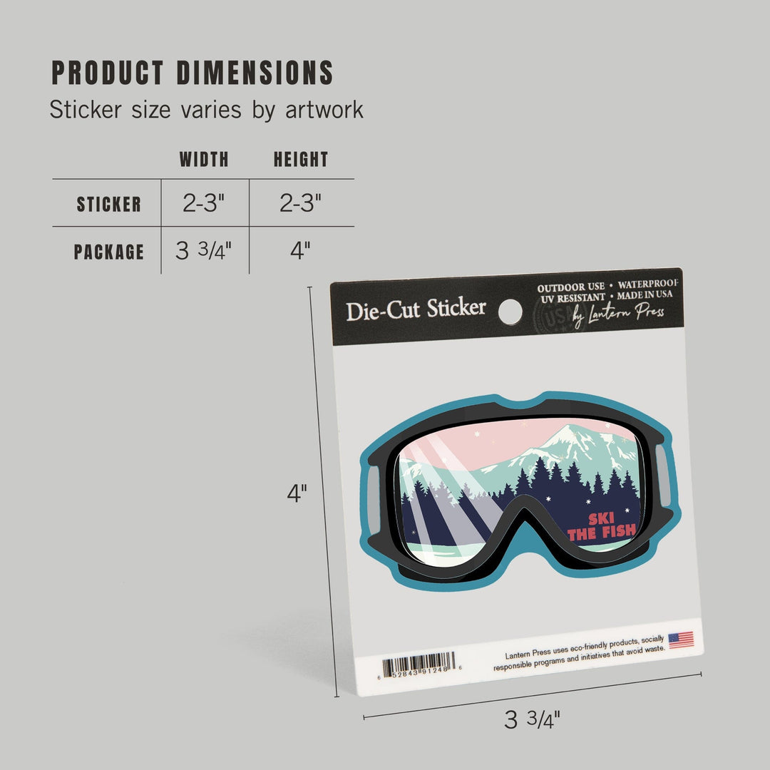 Whitefish, Montana, Ski The Fish, Ski Goggles, PInk and Aqua, Contour, Vinyl Sticker Sticker Lantern Press 